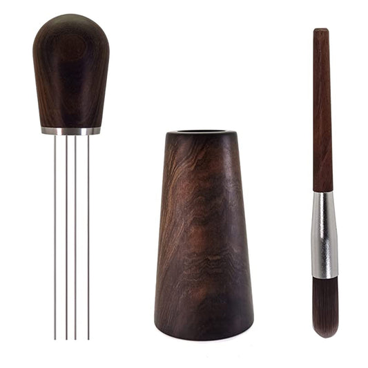 Espresso Coffee Stirrer, Wood Handle Stainless Steel 4 Needles Espresso Coffee Stirrer Set with Stand and Walnut Cleaning Brush (Black Walnut Wood)