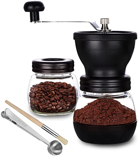 Molinillo de café en grano manual con rebaba de cerámica, molinillo de café con rebaba manual con 2 frascos de vidrio (11 oz cada uno)