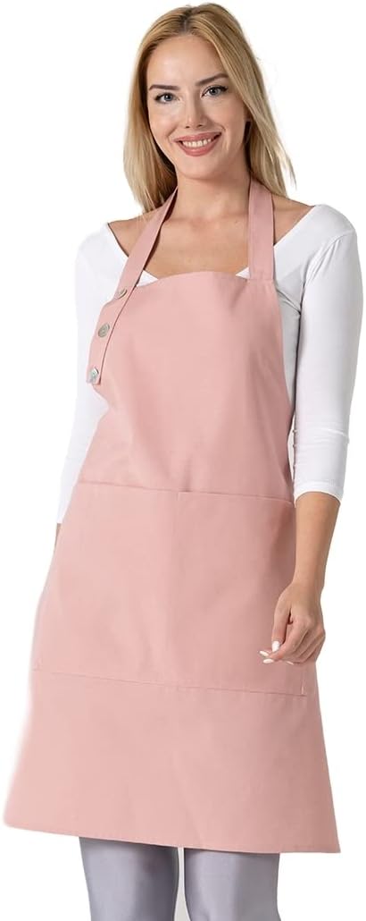 Kitchen Apron Waterdrop Resistant Cotton Apron with adjustable Aprons for Women with Pockets 10 Color option Cooking Powder Pink Apron (Powder Pink)