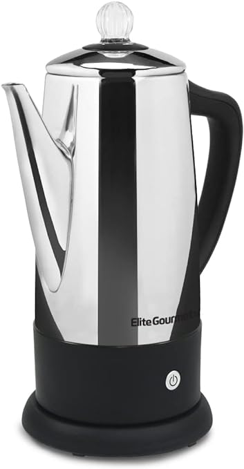 Elite Gourmet EC812 Electric 12-Cup Coffee Percolator with Keep Warm, Clear Brew Progress Knob Cool-Touch Handle Cord-less Serve, Stainless Steel