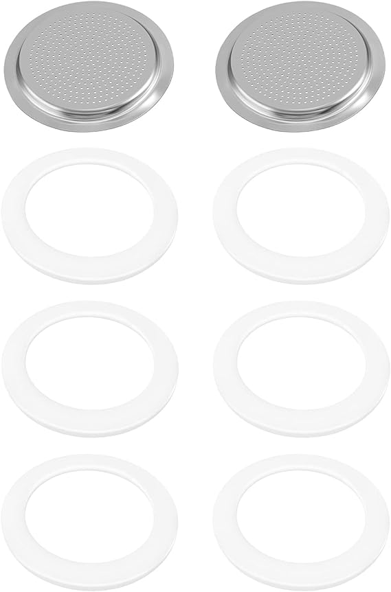 6 Pieces Silicone Gaskets with 2 Piece Stainless Filter Gasket Stainless Steel Replacement Gasket Moka Express Replacement Funnel Kits Compatible Espresso Coffee Maker Replacement Parts (6-cup)