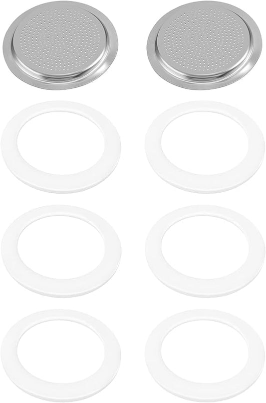 6 Pieces Silicone Gaskets with 2 Piece Stainless Filter Gasket Stainless Steel Replacement Gasket Moka Express Replacement Funnel Kits Compatible Espresso Coffee Maker Replacement Parts (6-cup)