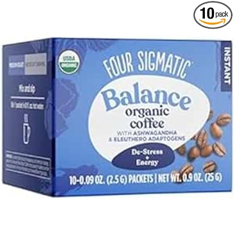 Four Sigmatic Adaptogen Organic Medium Roast Instant Coffee with Ashwagandha, Chaga & Tulsi, Immune Support & Stress Relief, Keto, Multicolored, 0.09 Oz, Pack of 10