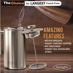 SterlingPro Cafetera de prensa francesa (1,75 L) - Prensa de café grande de doble pared con 2 filtros gratuitos - Disfrute de café sin gránulos garantizado, elegante accesorio de cocina sin óxido - Prensa francesa de acero inoxidable