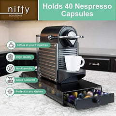 Nifty Small Nespresso Original Line Capsule Drawer – Black, 40 Capsule Pod Pack Holder, Non-Rolling Sliding Drawer, Under Coffee Pot Storage, Home Kitchen Counter Organizer