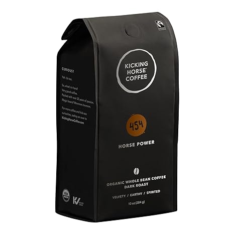 Kicking Horse Coffee, 454 Horse Power, Dark Roast, Whole Bean, 10 oz - Certified Organic, Fairtrade, Kosher Coffee