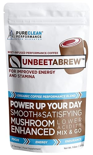 PureClean Performance UNBEETABREW Performance & Health Blend - Instant Beet Root Mushroom Coffee with L-Theanine & BioRibose - Energy, Focus, & Stamina - Vegan, Organic, USA Made (1 Bag 30 Servings)