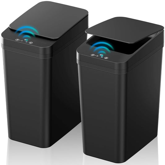 2 Pack 2.2 Gallon Automatic Touchless Garbage Can, Small Motion Sensor Smart Trash Can, Slim Waterproof Trash Bin for Bedroom, Bathroom, Office, Living Room, Black