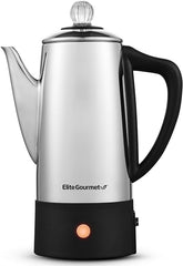 Elite Gourmet EC140 Electric 6-Cup Coffee Percolator with Keep Warm, Clear Brew Progress Knob Cool-Touch Handle Cord-less Serve, Stainless Steel