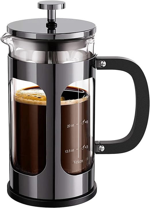 Veken Cafetera de émbolo de prensa francesa de 27 onzas/800 ml, cafetera de vidrio de borosilicato resistente al calor de doble pared, cafetera fría para cocina y regalos, apta para lavavajillas, peltre oscuro