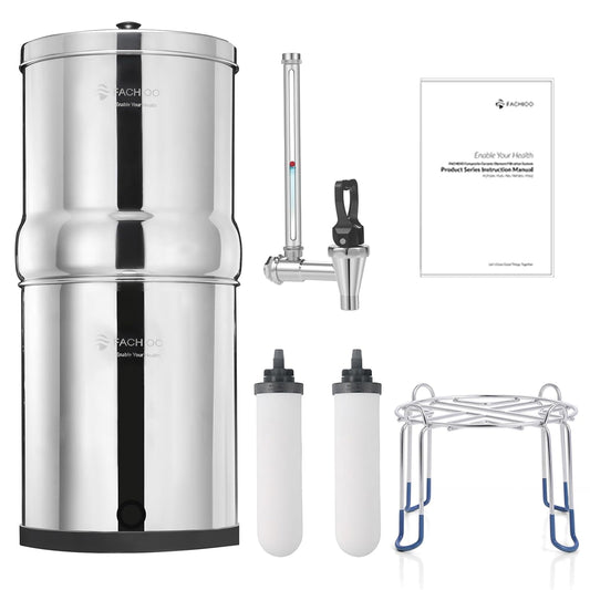 Gravity-fed Water Filter System, 2.25 Gallon Stainless Steel Countertop System with 2 Ceramics Filters Washable Filters, Metal Water Level Spigot and Stand,Reduce up to 99% Chlorine