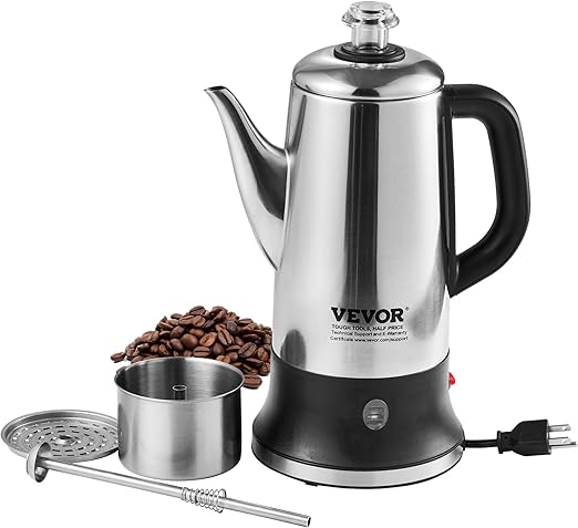 VEVOR Cafetera eléctrica de 12 tazas, cafetera de acero inoxidable 304 con función de mantener caliente y mango resistente al calor, cafetera clásica, preparación rápida y boquilla fácil de verter, plata