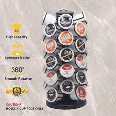 40pods K Cup Holders, K Cup Carousel, Coffee Pods Holder Storage Organizer Stand,Comes All in One Piece,No Assembly Required,1 Count,Black (Holds 40 Pods / Heavy Duty Base, Matte Black)