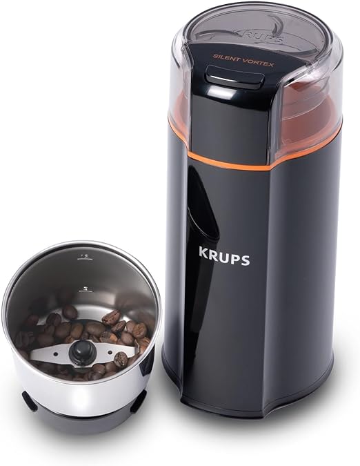 Krups Silent Vortex Kaffee- und Gewürzmühle mit abnehmbarer, spülmaschinenfester Schüssel, 12 Tassen, einfach zu bedienen, 5-mal leiser, 175 Watt, zum Trocknen von Kräutern, Nüssen, Schwarz 