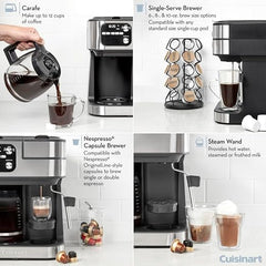 Cuisinart Coffee Maker Barista System, Coffee Center 4-In-1 Coffee Machine, Single-Serve Coffee, Espresso & Nespresso Capsule Compatible, 12-Cup Carafe, Black, SS-4N1