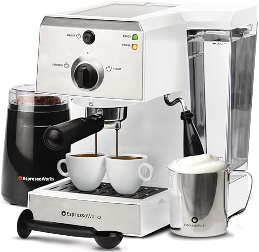 EspressoWorks All-In-One Espresso Machine with Milk Frother 7-Piece Set - Cappuccino Maker Includes Grinder, Frothing Pitcher, Cups, Spoon and Tamper - Coffee Gifts (White)