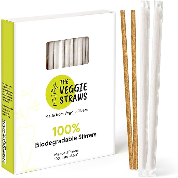 100% Biodegradable Individually Wrapped Cocktail Stirrers – 100 PCS of 5.50 Inches Premium Quality Disposable Coffee Stirrers, Best Biodegradable Stirrers for All Drinks – By The Veggie Straws