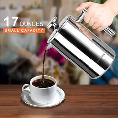 Secura Cafetera de prensa francesa, prensa de café aislada de acero inoxidable de grado 304 con 2 pantallas adicionales, 17 oz (0,5 litros), plateada