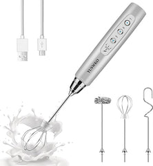 YUSWKO Rechargeable Milk Frother Handheld with 3 Heads, Silver Coffee Electric Whisk Drink Foam Mixer, Mini Hand Stirrer with 3 Speeds Adjustable for Latte, Cappuccino, Hot Chocolate, Egg