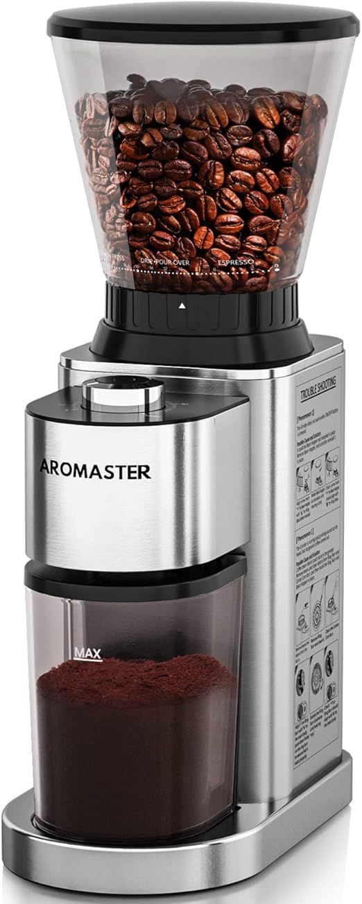 Aromaster Grat-Kaffeemühle, konische Kaffeemühle, Kaffeebohnenmühle aus Edelstahl mit 24 Mahlgradeinstellungen, Espresso-/Tropf-/Kaltbrühkaffeemaschine 