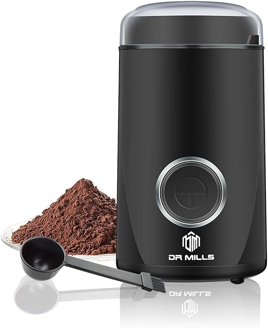 DR MILLS DM-7441 Molinillo de café eléctrico, Molinillo de café en grano, Molinillo de especias, Hoja y taza fabricados con acero inoxidable SUS304 (Negro) 