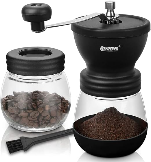 QIYUEXES Manual Coffee Grinder with Burr, Coffee Bean Grinder for Espresso, French Press, Cold Brew, Includes 2 Glass Jars (11oz Each) and Brush, Hand coffee Grinder for Home, Camping, Travel