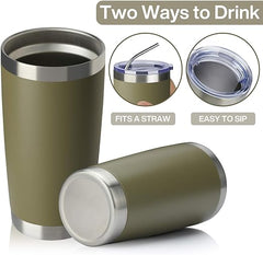 MEWAY 20oz Tumbler 4 Pack Double Wall Vacuum Insulated Travel Mug Bulk, Stainless Steel Tumblers with Lid and Straw, Durable Powder Coated Coffee Cups for Cold & Hot Drinks (Army Green, 4)