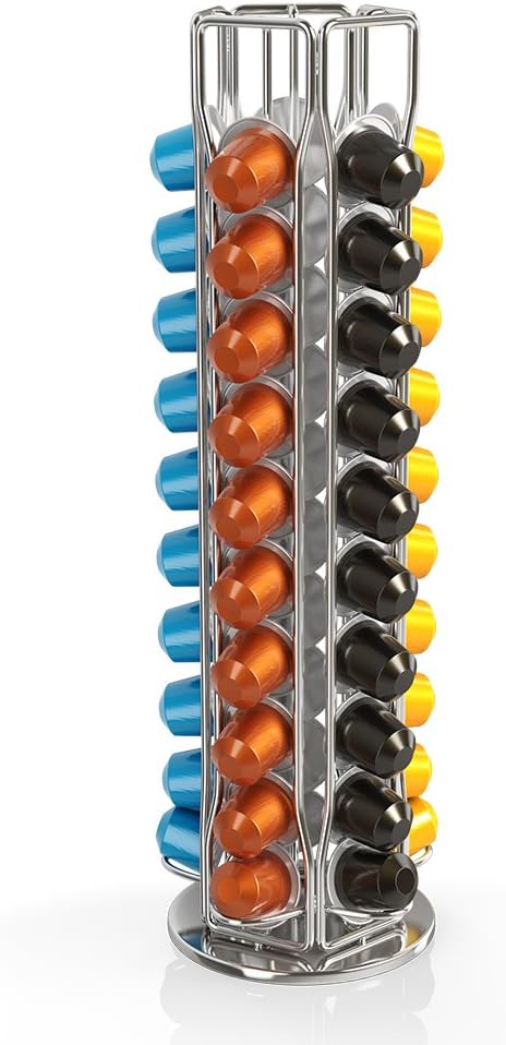 BluePeak Nespresso Carousel - Holds 50 Capsules, OriginalLine Pod Storage - Nifty Nespresso Pods Holder - Coffee Pod Dispenser Organizer Rack Stand, 360-Degree Rotation, Elegant, Modern Chrome Finish