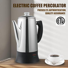 APOXCON Cafetera eléctrica de 12 tazas con certificación ETL, cafetera de acero inoxidable con dos perillas de vidrio simples, cafetera percoladora portátil sin cable para preparación rápida 