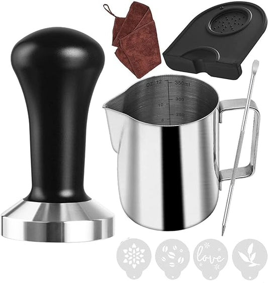 Ezebesta 51 mm Coffee Tamper Set Coffee Press for Portafilter Machine Espresso Tamper with Tamper Mat, Frothing Pitcher (350ml/11.836oz), Barista Towel, Latte Art Pen and Decorative Stencils