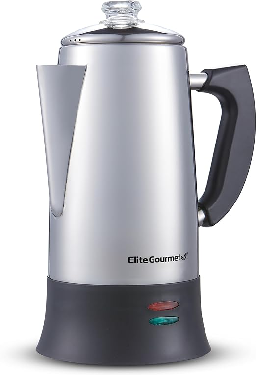 Elite Gourmet EC922 Electric Coffee Percolator, Keep Warm, Glass Clear Brew Progress Knob, Cool-Touch Handle, Cordless Serve, 12-Cup, Stainless Steel