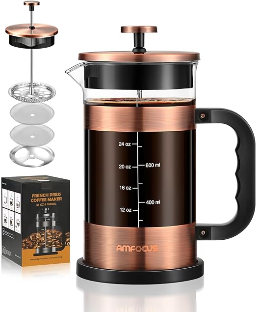 AMFOCUS Cafetera de prensa francesa, vidrio de 34 oz, borosilicato resistente al calor, filtros de 4 niveles, preparación en frío portátil para viajes, regalo para el hogar (cobre)