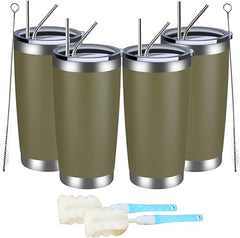 MEWAY 20oz Tumbler 4 Pack Double Wall Vacuum Insulated Travel Mug Bulk, Stainless Steel Tumblers with Lid and Straw, Durable Powder Coated Coffee Cups for Cold & Hot Drinks (Army Green, 4)