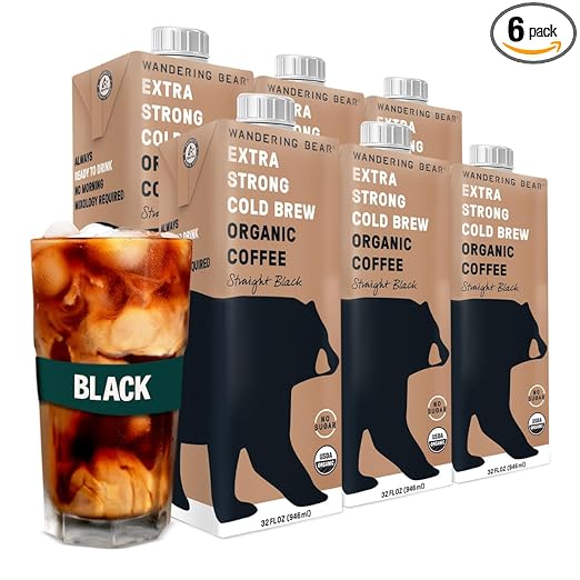 Wandering Bear Straight Black Organic Cold Brew Coffee, 32 fl oz, 6 pack - Extra Strong, Smooth, Organic, Unsweetened, Shelf-Stable, and Ready to Drink Iced Coffee, Cold Brewed Coffee, Cold Coffee