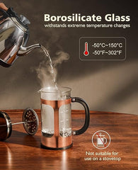 BAYKA Cafetera de prensa francesa de 34 onzas y 1 litro, prensa de café de acero inoxidable de cobre clásica de vidrio, cafetera de borosilicato espesada resistente al calor para acampar, regalos de viaje