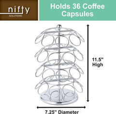 Nifty K Cup Holder – Compatible with K-Cups, Coffee Pod Carousel | 36 K Cup Holder, Spins 360-Degrees, Lazy Susan Platform, Modern Chrome Design, Home or Office Kitchen Counter Organizer