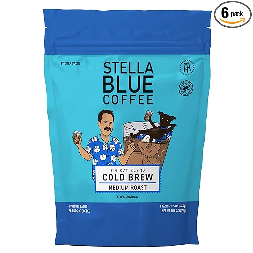 Stella Blue Cold Brew Arabica Big Cat Blend Coffee, 6 Ready-to-Brew Packets, Enriching Caramel and Hazelnut Notes with Sweet Fruitiness - Fresh Cold Brew for True Fanatics