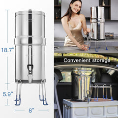 Gravity-fed Water Filter System, 2.25 Gallon Stainless Steel Countertop System with 2 Ceramics Filters Washable Filters, Metal Water Level Spigot and Stand,Reduce up to 99% Chlorine