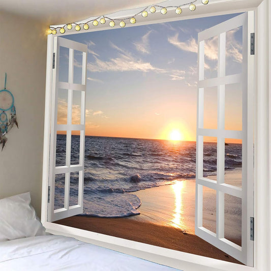 3D Ocean Tapestry Wall Hanging Sun Sunset Sea Beach Landscape Tapestry Window Tapestries for Bedroom Living Room Home Decor 51x59 Inches