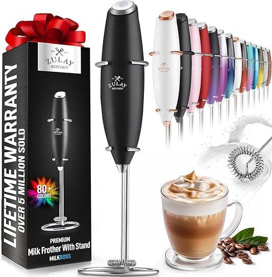 Zulay Kitchen Powerful Milk Frother Handheld Foam Maker for Lattes - Whisk Drink Mixer for Coffee, Mini Foamer for Cappuccino, Frappe, Matcha, Hot Chocolate & Coffee Creamer by Milk Boss (Black)