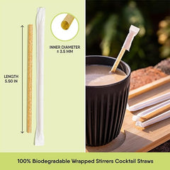 100% Biodegradable Individually Wrapped Cocktail Stirrers – 100 PCS of 5.50 Inches Premium Quality Disposable Coffee Stirrers, Best Biodegradable Stirrers for All Drinks – By The Veggie Straws