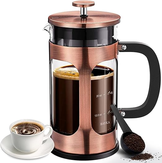 BAYKA Cafetera de prensa francesa de 34 onzas y 1 litro, prensa de café de acero inoxidable de cobre clásica de vidrio, cafetera de borosilicato espesada resistente al calor para acampar, regalos de viaje