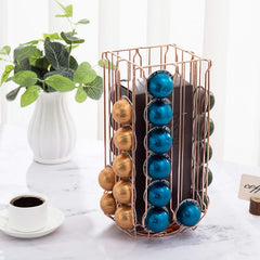 MyGift Stainless Steel Copper Metal Coffee Pod Holder Storage Organizer Stand with 360 Degree Rotating Carousel with Sleeve Storage Compartment, Compatible with Nespresso Vertuo Capsule