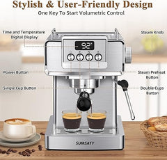 SUMSATY Espresso Machine, Stainless Steel Espresso Machine with Milk Frother for Latte, Cappuccino, Machiato,for Home Espresso Maker, 1.8L Water Tank, 20 Bar