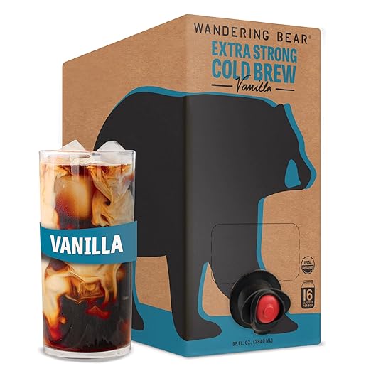 Wandering Bear Organic Vanilla Cold Brew Coffee On Tap, 96 fl oz - Extra Strong, Smooth, Unsweetened, Shelf-Stable, and Ready to Drink Iced Coffee, Cold Brewed Coffee, Cold Coffee