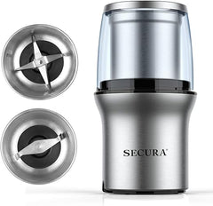 Secura Electric Coffee Grinder and Spice Grinder with 2 Stainless Steel Blades Removable Bowls