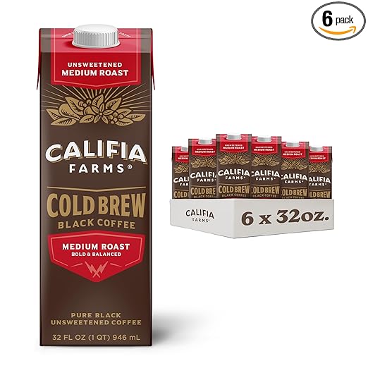 Califia Farms - Pure Black Medium Roast Cold Brew Coffee, 32 Oz (Pack of 6), 100% Arabica, Shelf Stable, Plant Based, Vegan, Gluten Free, Non GMO, Sugar Free, Iced Coffee