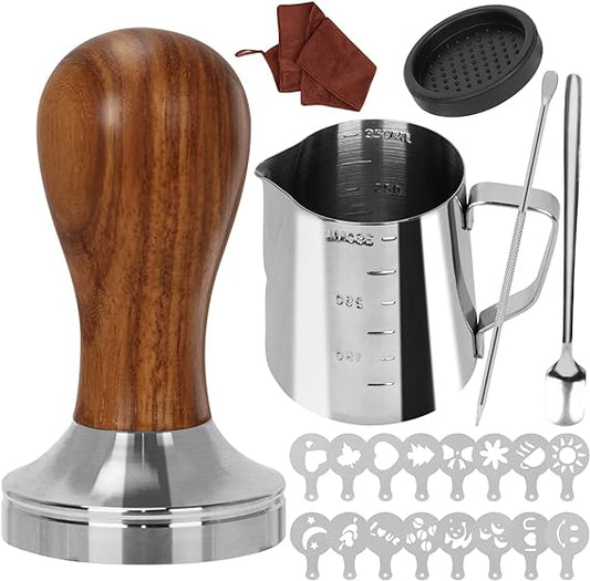 Y-Step 22 PCS Coffee Tamper Set, Espresso Accessories Kit Barista Kit, with Espresso Tamper 51mm, Frothing Pitcher, Tamper Mat, Latte Art Pen, Coffee Stirrer, Sandalwood Tamper for Espresso Machine