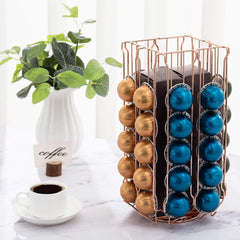 MyGift Stainless Steel Copper Metal Coffee Pod Holder Storage Organizer Stand with 360 Degree Rotating Carousel with Sleeve Storage Compartment, Compatible with Nespresso Vertuo Capsule