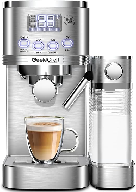 Geek Chef Espresso Machine with Built-In Automatic Milk Frother, 7-in-1 Cappuccino & Latte Machine for Home, 80s Get Americano Coffee, ESE POD Filter, 20 Bar, Stainless Steel